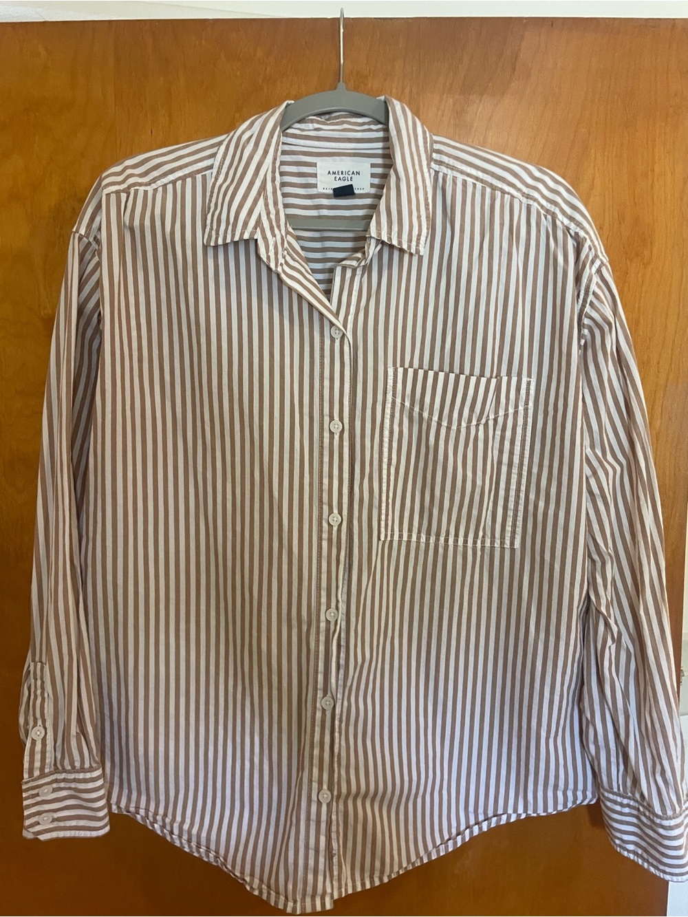 American Eagle Outfitters Women’s Brown and White Striped Button-Up Shirt